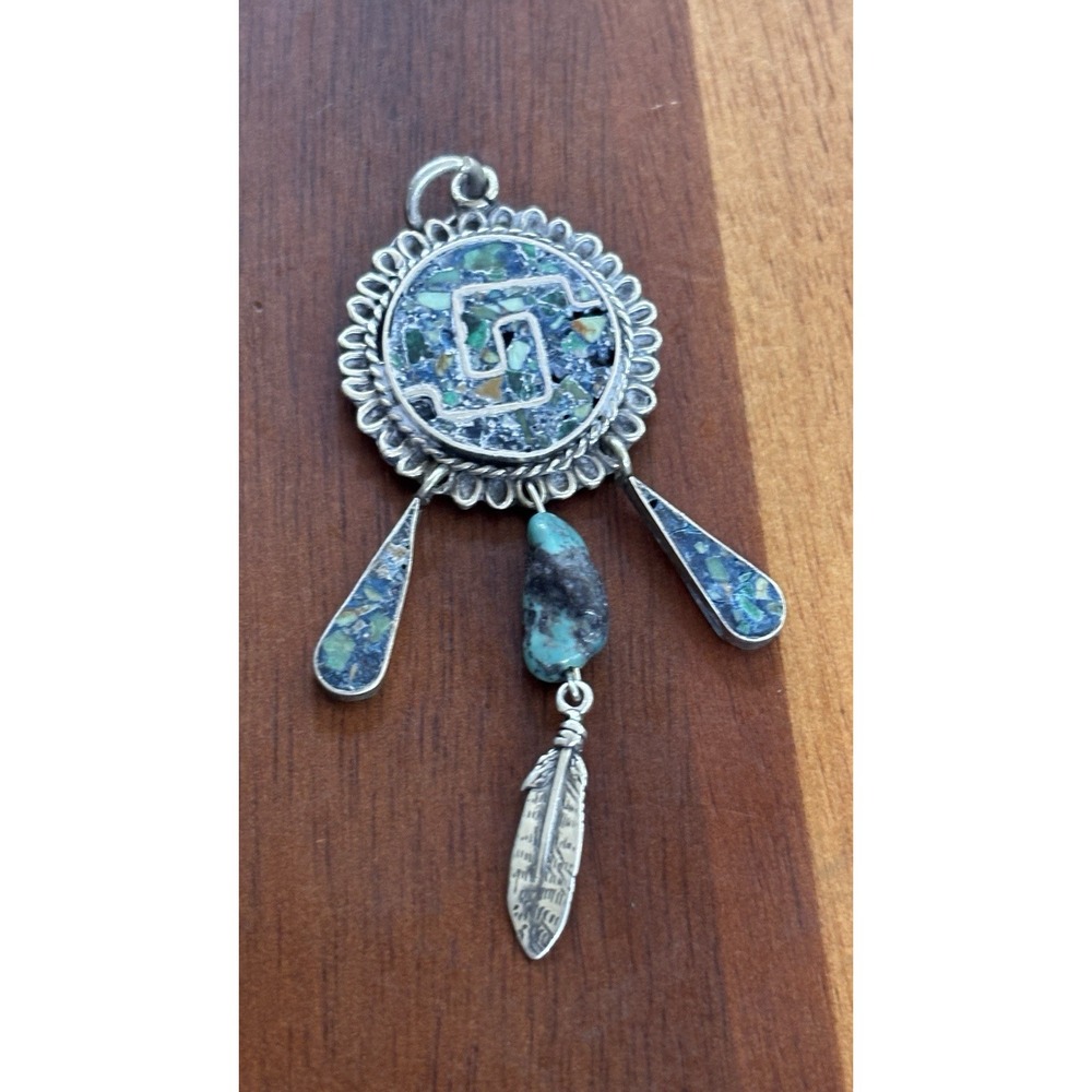 Vintage Taxco JMB Sterling Silver & Crushed Stone Mosaic Inlay Pendant Brooch